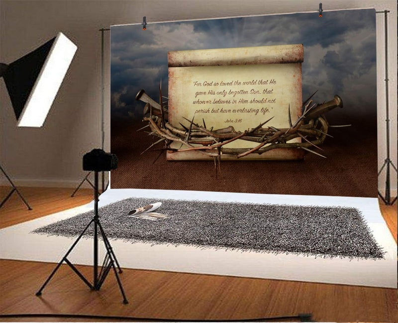 AOFOTO 5x3ft Holy Bible Story Parchment Backdrop Crown Thorns Nails Vintage Paper Scripture Christ Child Jesus Birth Manuscript Background for Photography Christian Church Religious Photo Studio Prop - Image 2